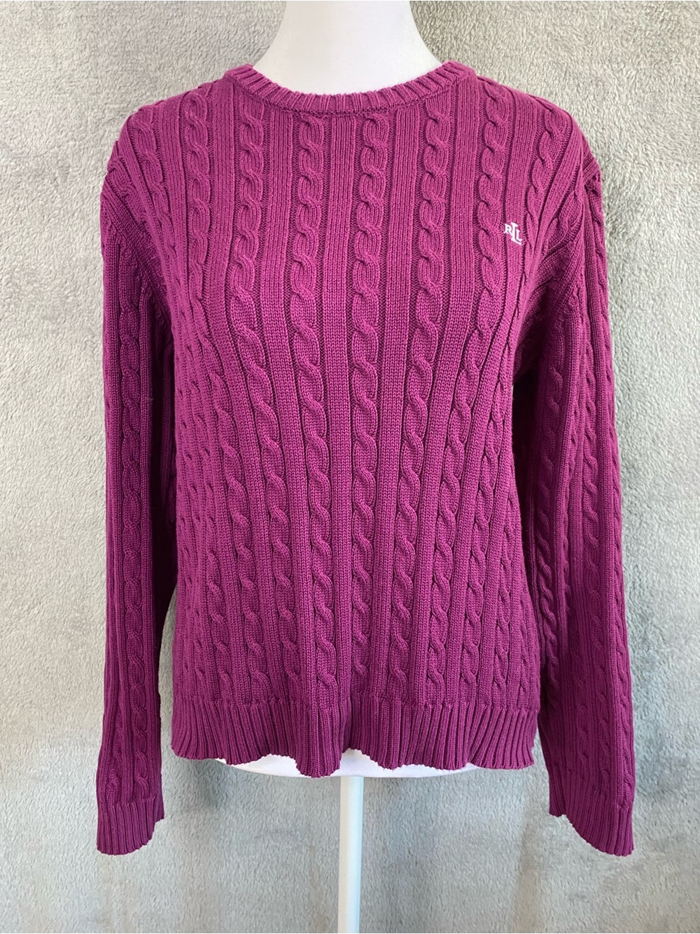 VTG Lauren Ralph Lauren Petite Magenta Cable Knit Cotton Sweater P/L Librarian